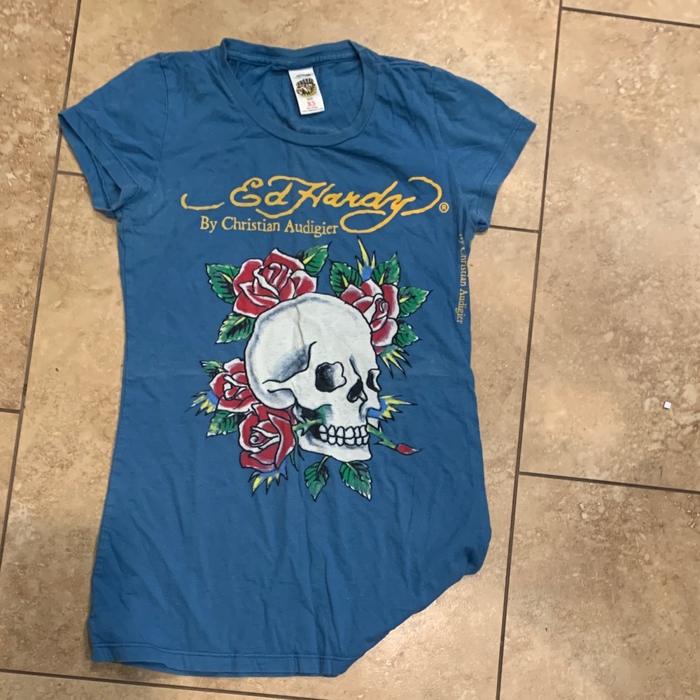 Ed Hardy Faded Blue Womens Tee with Skull and Roses